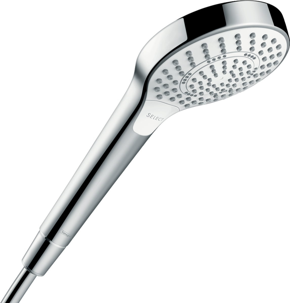 Hansgrohe Croma Select S hand shower in white and chrome with multiple spray modes and EcoSmart water-saving technology.