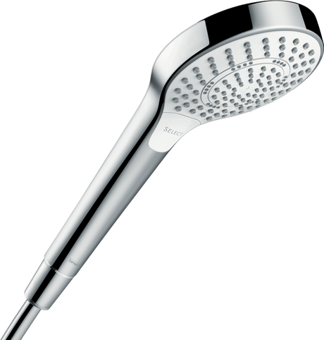 Hansgrohe Croma Select S hand shower in white and chrome with multiple spray modes and EcoSmart water-saving technology.