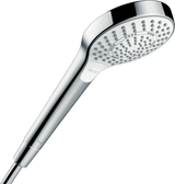 Hansgrohe Croma Select S hand shower with 110mm white and chrome head, three spray modes, and QuickClean technology