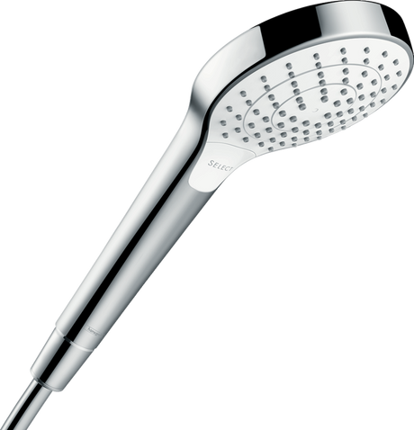 Hansgrohe Croma Select S white and chrome hand shower with three spray settings and EcoSmart technology for water savings