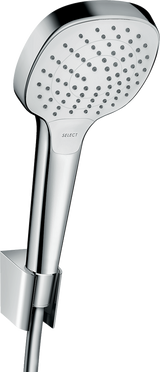 Hansgrohe Croma Select E chrome and white hand shower with Select button and adjustable spray modes