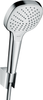 Hansgrohe Croma Select E chrome and white hand shower with Select button and adjustable spray modes