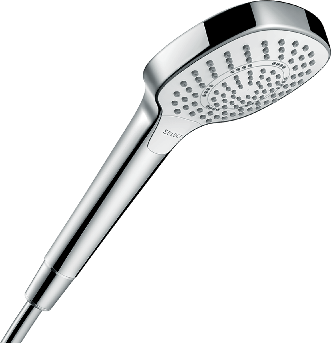 Hansgrohe Croma Select E hand shower with white and chrome finish, featuring three spray modes and EcoSmart water-saving technology.