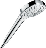 Hansgrohe Croma Select E hand shower with white and chrome finish, featuring three spray modes and EcoSmart water-saving technology.