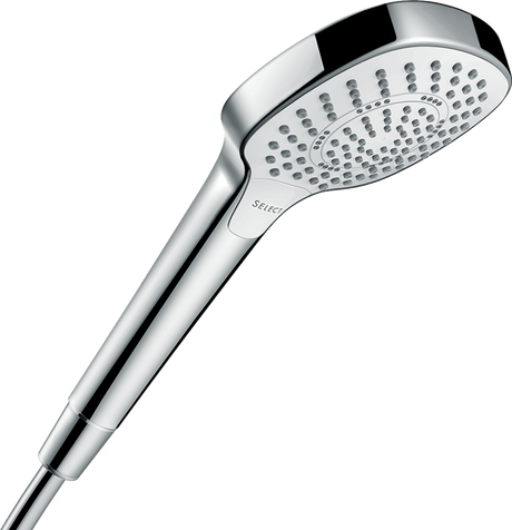 Hansgrohe Croma Select E hand shower with white and chrome finish, featuring three spray modes and EcoSmart water-saving technology.