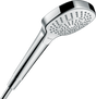 Hansgrohe Croma Select E hand shower with white and chrome finish, featuring three spray modes and EcoSmart water-saving technology.