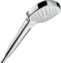 Hansgrohe Croma Select E hand shower in white and chrome with 110mm head and Select Button for three spray modes.