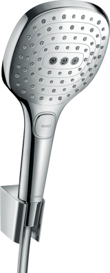 Hansgrohe Raindance Select E chrome shower head with 3 jet types and wall holder