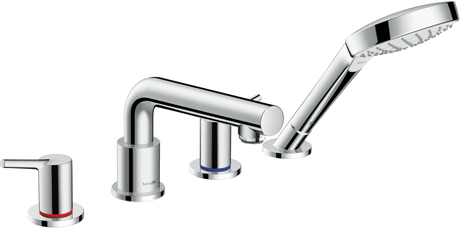 Hansgrohe Talis S 4-hole rim-mounted bath mixer in chrome with handheld shower and sleek modern design.