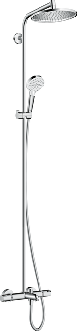 Hansgrohe Crometta S Showerpipe with large chrome showerhead, handheld spray, adjustable arm, and thermostatic bath mixer