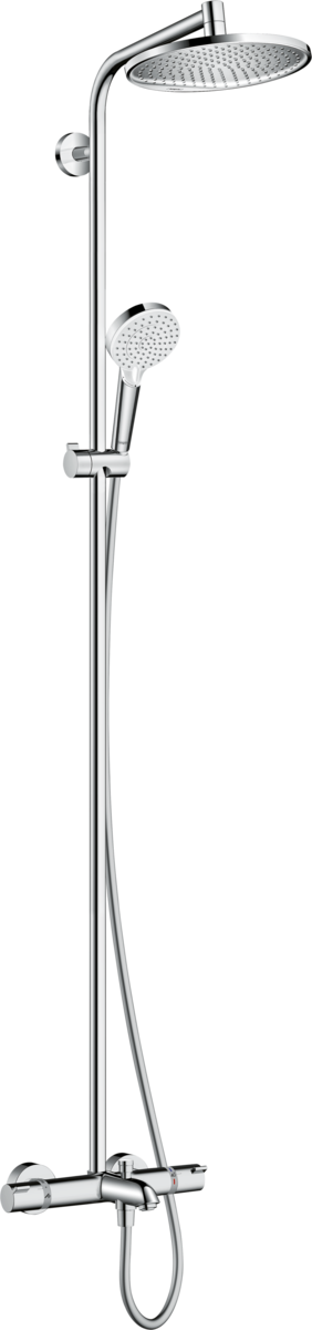 Hansgrohe Crometta S Showerpipe with large chrome showerhead, handheld spray, adjustable arm, and thermostatic bath mixer
