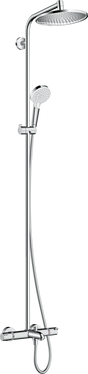 Hansgrohe Crometta S Showerpipe with large chrome showerhead, handheld spray, adjustable arm, and thermostatic bath mixer
