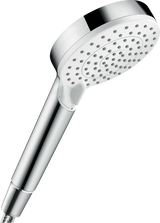 Hansgrohe Crometta hand shower in white and chrome with multiple spray modes and water-saving Ecosmart technology.