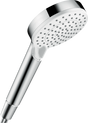 Hansgrohe Crometta hand shower in white and chrome with multiple spray modes and water-saving Ecosmart technology.