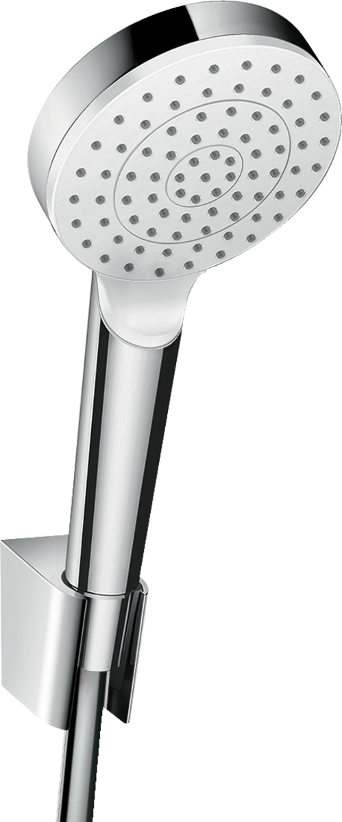 Hansgrohe Crometta Shower Holder Set white and chrome handheld shower head with adjustable holder and 1250mm hose, eco-friendly 9 L/min flow rate
