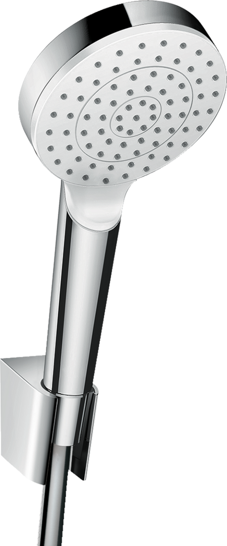Hansgrohe Crometta Shower Holder Set with 1250mm hose in white and chrome, modern design handheld showerhead with adjustable jet control system