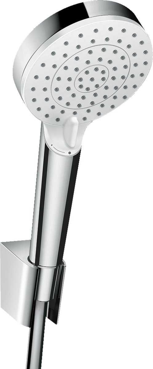 Hansgrohe Crometta Shower Set with adjustable holder and 1250mm chrome shower hose designed for versatile spray modes and eco-friendly water saving.