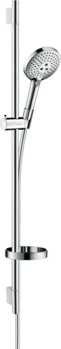 Hansgrohe Raindance Select S chrome shower set with 3 spray modes, adjustable 900mm rail, handheld showerhead, and integrated soap dish