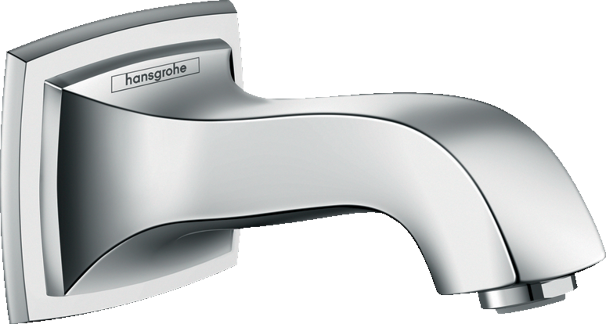 Hansgrohe Metropol Classic Bath Spout in chrome with sleek, modern design and built-in flow limiter for water conservation.