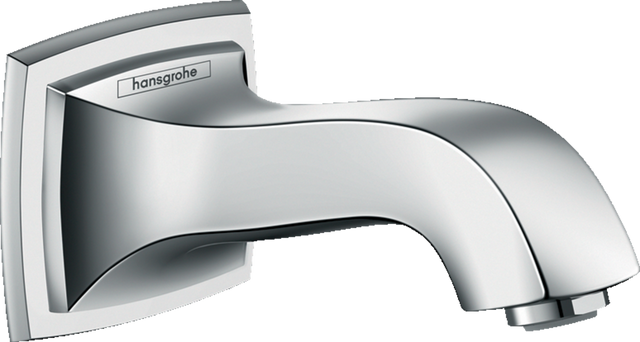 Hansgrohe Metropol Classic Bath Spout in chrome with sleek, modern design and built-in flow limiter for water conservation.