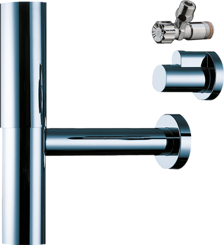 Hansgrohe Bottle Trap Flowstar in polished chrome with adjustable angle valves for bathroom plumbing.