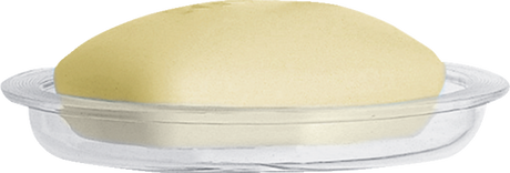 Hansgrohe Casetta's transparent soap dish with integrated drainage holes holding a beige soap bar.