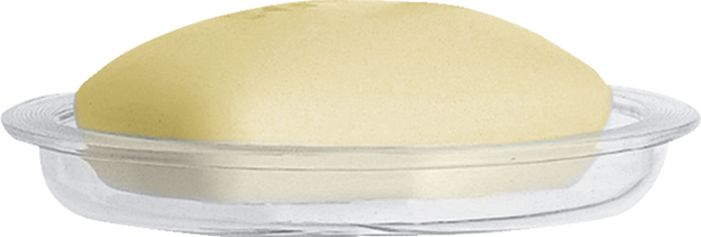 Hansgrohe Casetta's transparent soap dish with integrated drainage holes holding a beige soap bar.