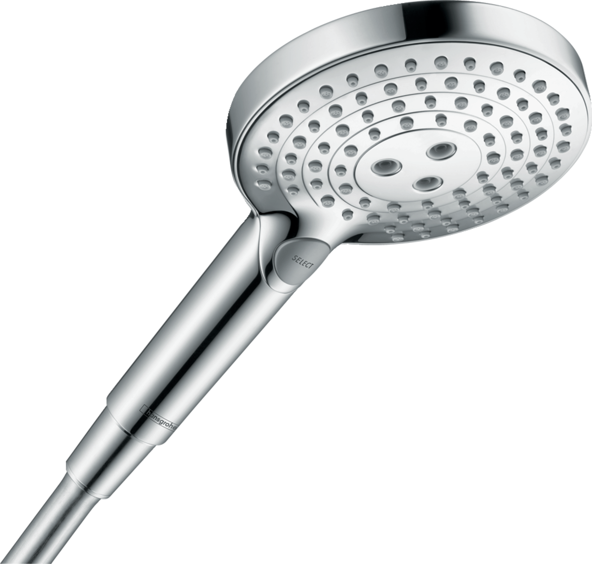 Hansgrohe Raindance Select S handheld showerhead in chrome with 120mm diameter, three spray modes, and eco-friendly PowderRain technology.