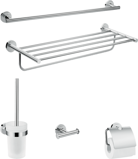 Hansgrohe Logis Universal Bath-accessory 5-in-1 chrome bathroom set with towel rack, toilet brush holder, robe hook, and toilet paper holder