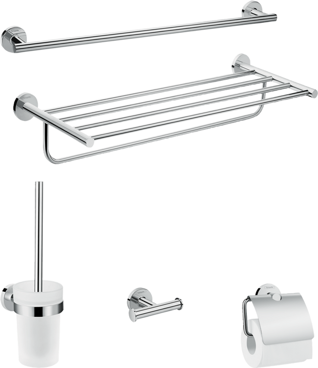 Hansgrohe Logis Universal Bath-accessory 5-in-1 chrome bathroom set with towel rack, toilet brush holder, robe hook, and toilet paper holder