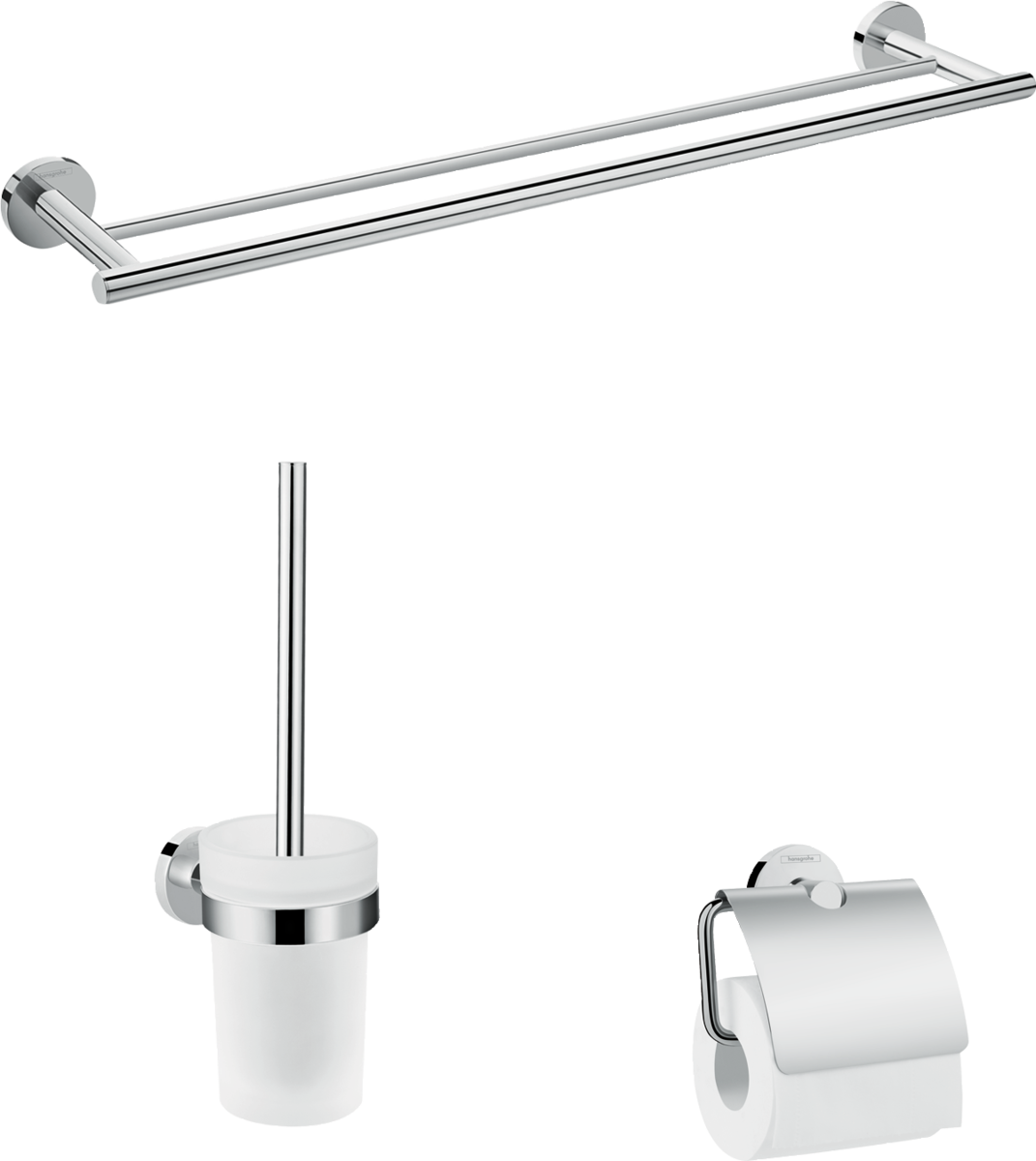Hansgrohe Logis Universal 3-in-1 chrome bathroom accessory set with towel holder, toilet brush, and toilet paper holder