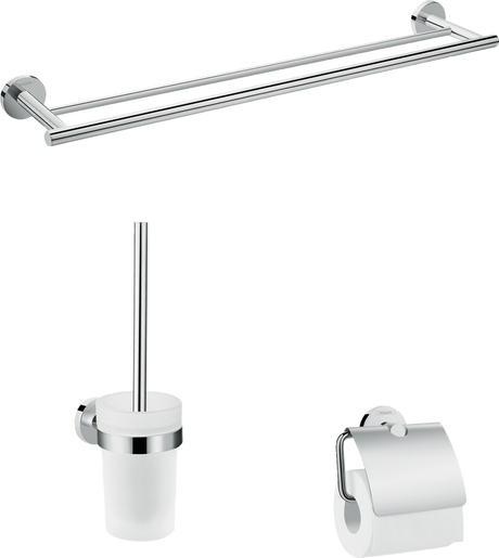 Hansgrohe Logis Universal 3-in-1 chrome bathroom accessory set with towel holder, toilet brush, and toilet paper holder