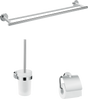 Hansgrohe Logis Universal 3-in-1 chrome bathroom accessory set with towel holder, toilet brush, and toilet paper holder