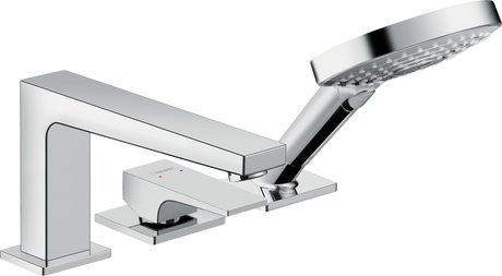 Hansgrohe Metropol 3-Hole Rim-Mounted chrome bath mixer with single lever handle and handheld showerhead