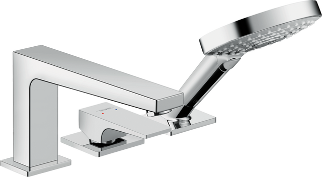 Hansgrohe Metropol 3-hole rim-mounted chrome bath mixer with single lever handle and handheld showerhead