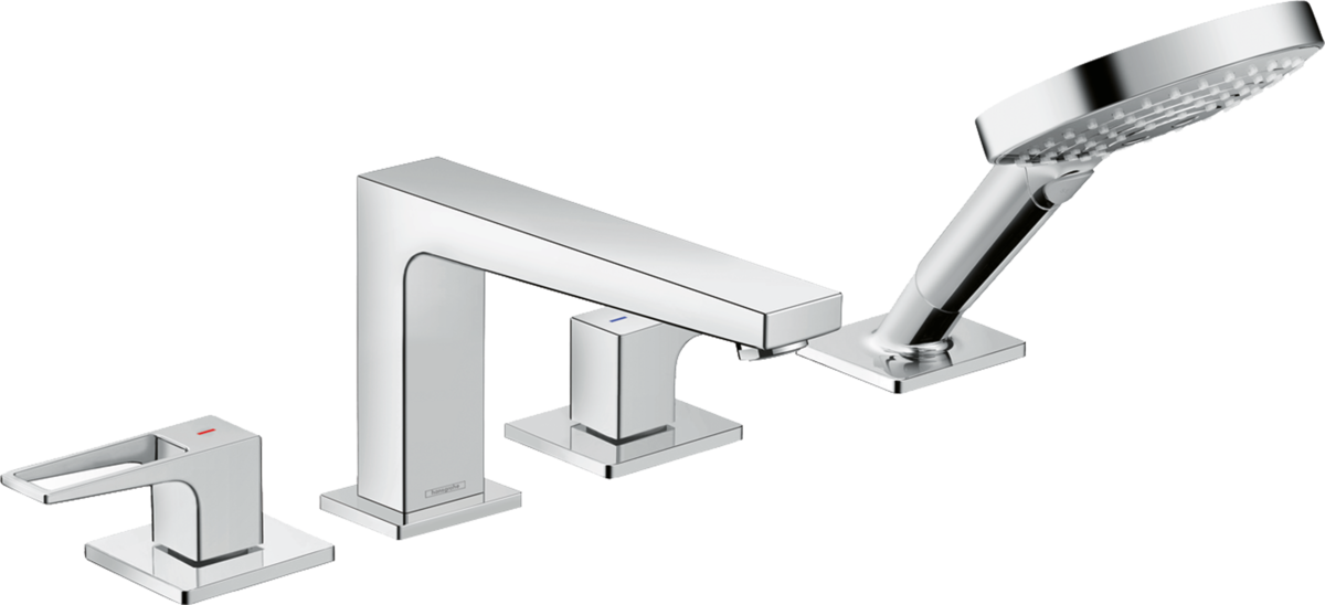 Hansgrohe Metropol 4-hole rim-mounted bath mixer in chrome with loop handles and hand shower attachment