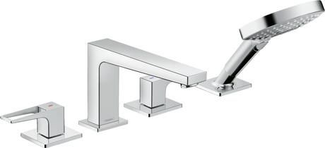 Hansgrohe Metropol 4-hole rim-mounted bath mixer in chrome with loop handles and hand shower attachment
