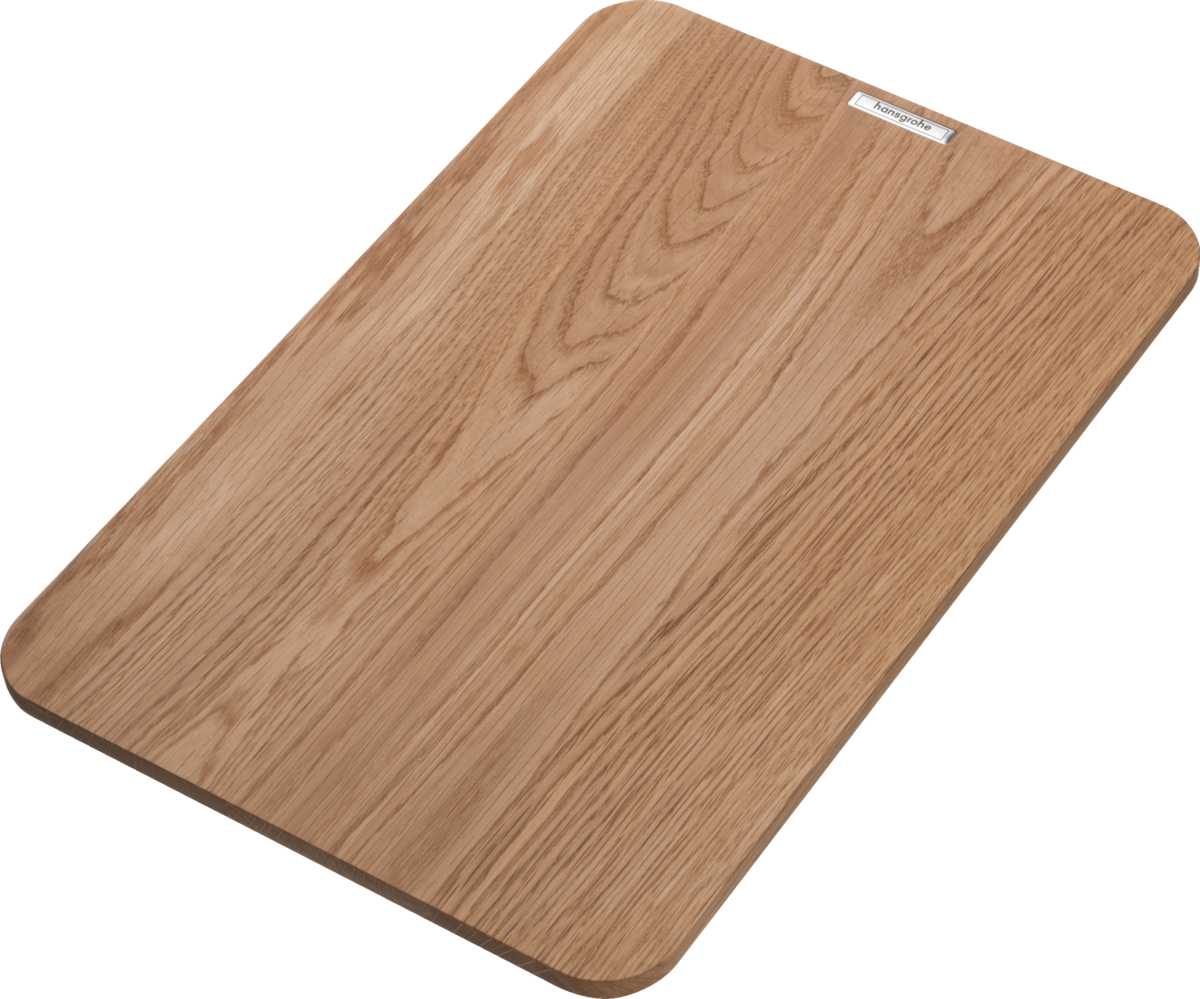 Hansgrohe F16 Cutting Board made of durable oak wood with large surface, non-slip design, and juice groove for kitchen use