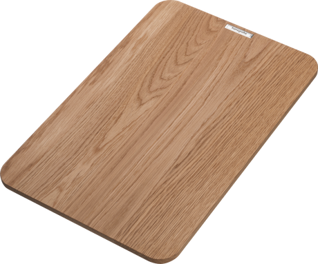 Hansgrohe F16 Cutting Board made of durable oak wood with large surface, non-slip design, and juice groove for kitchen use