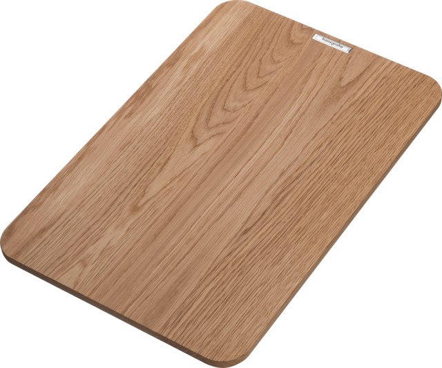 Hansgrohe F16 Cutting Board made of durable oak wood with large surface, non-slip design, and juice groove for kitchen use