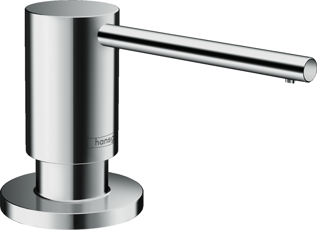 Hansgrohe A41 Soap Dispenser in chrome finish with sleek modern design and easy top refill.