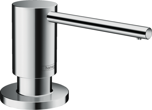 Hansgrohe A41 Soap Dispenser in chrome finish with sleek modern design and easy top refill.