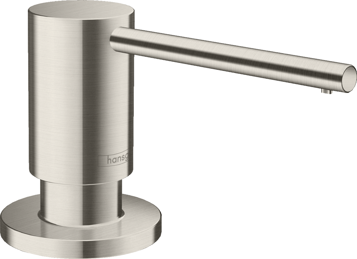 Hansgrohe A41 Soap Dispenser in chrome finish with sleek, modern cylindrical design and long spout for bathroom use