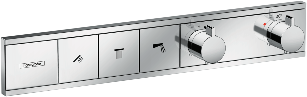 Hansgrohe Rainselect Thermostat in chrome with concealed installation and 3-function control panel for customizable shower settings.