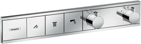 Hansgrohe Rainselect Thermostat in chrome with concealed installation and 3-function control panel for customizable shower settings.