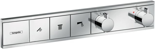 Hansgrohe Rainselect Thermostat in chrome with concealed installation and 3-function control panel for customizable shower settings.