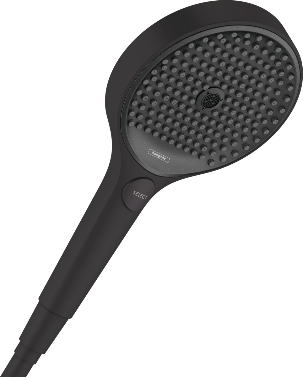 Hansgrohe Rainfinity Hand shower 130 in matt black with three adjustable jet types and ergonomic design.