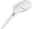 Hansgrohe Raindance Select E hand shower in matt white with 120mm head and three spray modes including Select button, featuring water-saving and QuickClean technology.