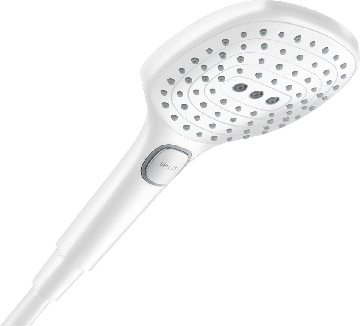 Hansgrohe Raindance Select E hand shower in matt white with 120mm head and three spray modes including Select button, featuring water-saving and QuickClean technology.