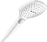 Hansgrohe Raindance Select E hand shower in matt white with 120mm head and three spray modes including Select button, featuring water-saving and QuickClean technology.